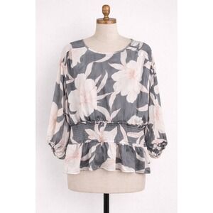 Ryegrass Floral Peplum Blouse XXL Gray Pink Smocked Waist Sheer Long Sleeve Top